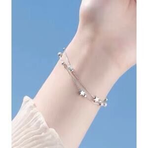 925 Stamp Silver Dainty Double Strand Star Bead Women Bracelet ext. SZ: 17+3